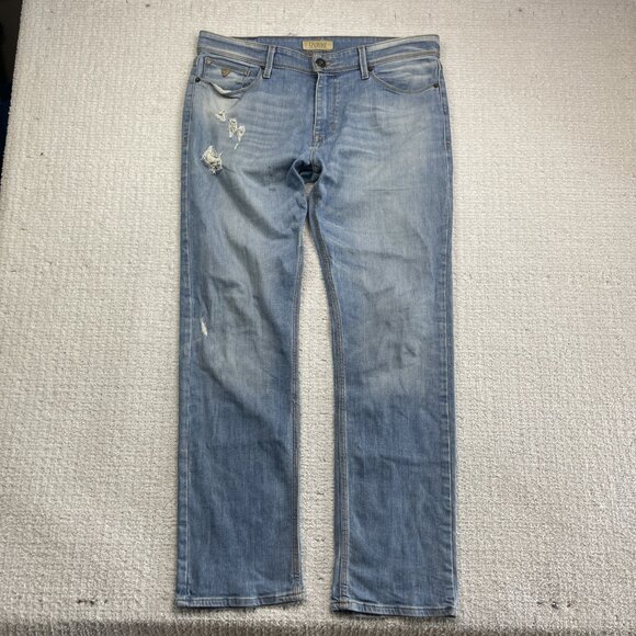 Y2K Guess Jeans Men's 36x32 Lincoln Slim Straight Light Blue Distressed Denim - Picture 1 of 13
